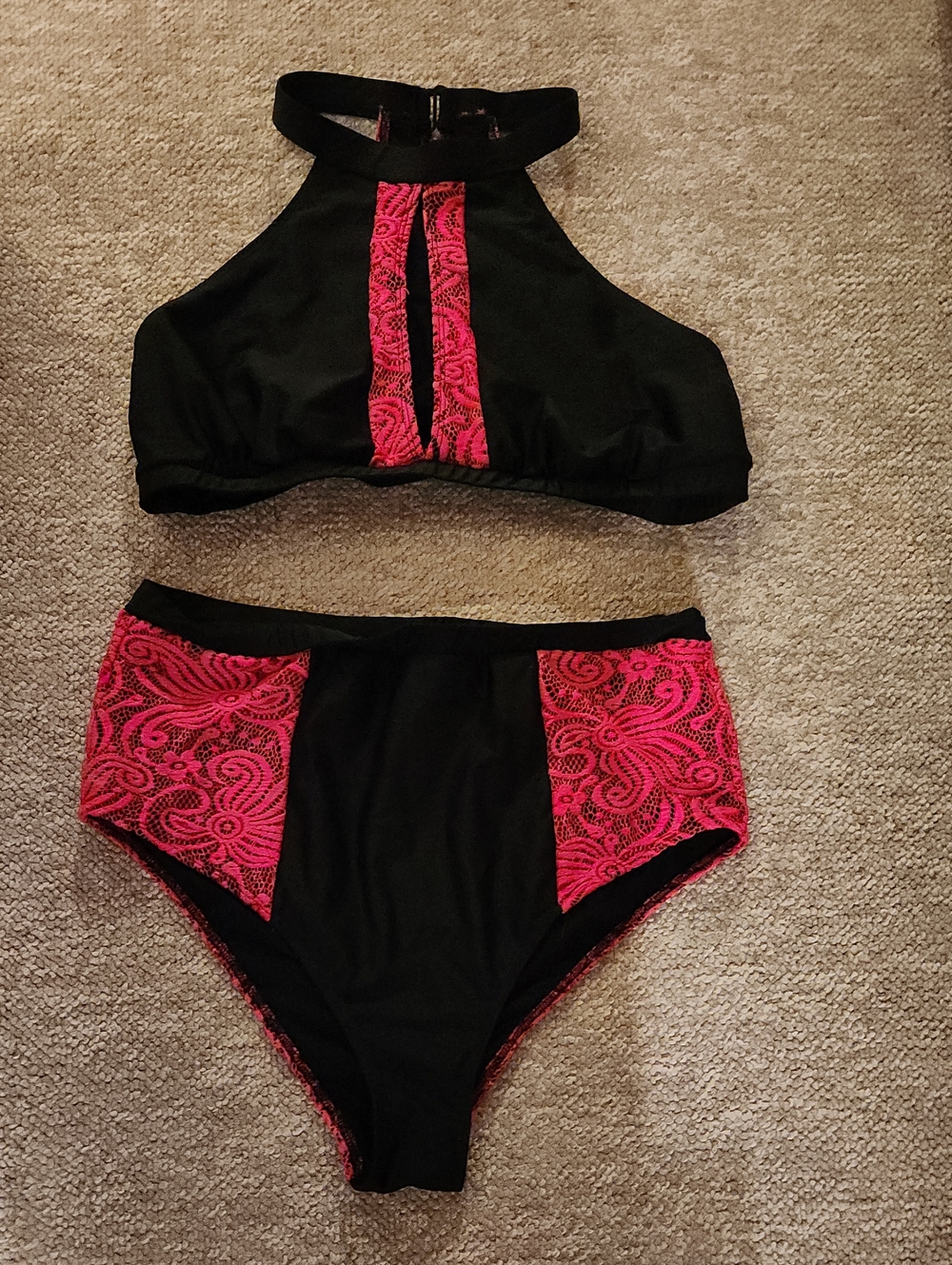 Black & Hot Pink Lace Two Piece Bathing Suit